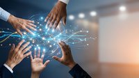 Business hands connecting with digital network lines representing teamwork, collaboration and technology integration in modern workplace.
