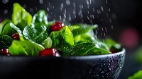Fresh green salad leaves and red cherry tomatoes in black bowl with water drops and dramatic lighting, macro food photography on dark background.