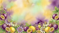 Passion fruit and flowers border with yellow and purple tones on soft watercolor background, suitable for food packaging, recipe cards, and culinary design projects.