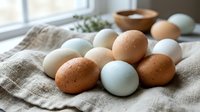 Fresh farm eggs in various natural colors scattered on rustic linen cloth near kitchen window creating organic countryside atmosphere for cooking concepts.