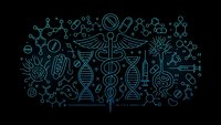 Medical science and healthcare technology concept with DNA strands, molecules, stethoscope and laboratory equipment icons on dark background.