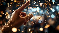 African American hand releasing golden glitter against blurred bokeh lights creating magical atmosphere with sparkles and particles floating in evening air.