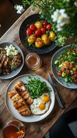 Gourmet brunch spread with grilled halloumi, roasted cherry tomatoes, fried eggs and fresh salads on rustic wooden table for food photography and menu design.