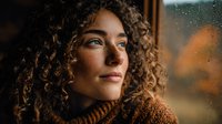 Young mixed-race woman with curly hair looking thoughtfully through rain-covered window wearing cozy brown sweater in warm indoor lighting.