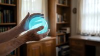 Elderly hands holding glowing blue energy orb in cozy home library with wooden shelves and warm natural lighting creating magical atmosphere.
