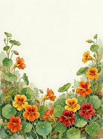 Watercolor nasturtium flowers border with orange, red, and yellow blooms and green leaves on white background with copy space.