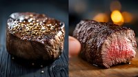 Juicy grilled beef steak with seasoning on dark wooden background, medium rare filet mignon cut to show pink center, close up food photography.