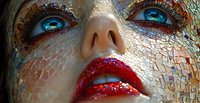 Close-up of woman's face with mosaic-like texture, bright blue eyes, and glittery red lips, creating a dramatic artistic portrait.