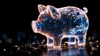Digital glowing pig silhouette with circuit pattern and light effects on dark background, representing financial technology and smart investment concepts.