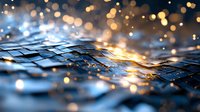 Solar panels with golden bokeh lights creating magical atmosphere at sunset, macro photography shows textured surface with dreamy blur effect and warm glow.