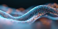 Luminous wave of glowing particles flowing in dark space, blue and orange sparkles creating dynamic motion curve against black background.
