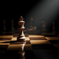 Wooden chess king piece standing prominently on chessboard with dramatic lighting and blurred pieces in background for strategic business concepts.