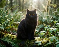 Black cat sitting in lush green forest surrounded by ferns and foliage with soft natural lighting filtering through trees creating peaceful woodland atmosphere.