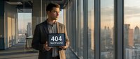 Businessman holding 404 not found sign in modern office with city skyline view, representing web error and connection issues for website design.
