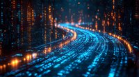 Glowing blue digital data stream on curved path with binary code and orange light effects against dark background, representing cyber technology flow.