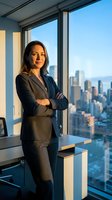 Confident businesswoman in suit standing by office window with city skyline view, arms crossed, professional corporate executive portrait.