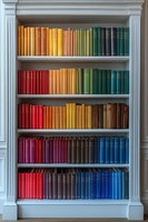 Elegant white bookshelf with colorful books arranged in rainbow spectrum order from red to purple, creating a vibrant organized display for home library or office.