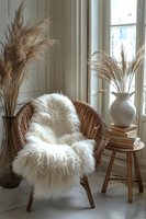 Cozy reading corner with wicker chair, fluffy white sheepskin throw, pampas grass decor and ceramic vase creating warm Scandinavian hygge interior design.
