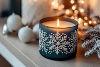 Glowing winter candle with snowflake pattern surrounded by white Christmas ornaments and frosted branches against warm bokeh lights background creates cozy atmosphere.