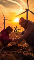 Adult and child planting young tree at sunset with wind turbines in background, representing environmental care and renewable energy future.