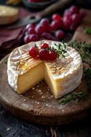 Ripe camembert cheese wheel with cut slice on wooden board, garnished with fresh red grapes and thyme sprigs, dark rustic setting for gourmet food styling.