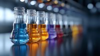 Colorful laboratory flasks with blue, orange, purple and red liquids arranged in row on dark reflective surface against blurred bokeh background.