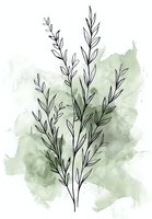 Minimalist botanical line art of delicate branches with leaves on soft sage green watercolor background, elegant nature illustration for wall decor and stationery design.