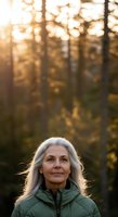 Senior woman with long white hair and Caucasian ethnicity wearing a green quilted jacket, standing in a forest during golden hour with soft bokeh sunlight filtering through tall trees behind her.