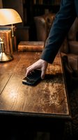 Man in dark business suit reaching for empty wallet on wooden desk with lamp and leather chair in warm office setting.