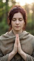 Young Caucasian woman meditating with prayer hands in peaceful outdoor setting wearing beige hoodie with eyes closed and serene expression for mindfulness.