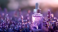 Glass dropper bottle with essential oil among blooming lavender flowers at sunset. Purple bokeh background creates magical aromatherapy atmosphere.