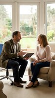Middle-aged Caucasian male financial advisor consulting with blonde female client in bright modern living room discussing investment portfolio planning.