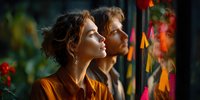 Young woman with short curly hair in orange shirt looking thoughtfully at colorful window reflection with warm natural lighting for lifestyle content.
