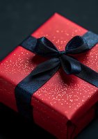 Red gift box with black silk ribbon bow and gold sparkles on dark background, elegant holiday present packaging for special occasions and celebrations.