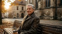 Senior Caucasian man in elegant coat sitting on wooden bench in historic European town square during golden hour autumn sunset with stone buildings.