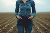 Young woman in double denim outfit standing in plowed agricultural field during cloudy day, hands in pockets of high-waisted jeans, casual countryside fashion.