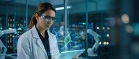 Female scientist in lab coat analyzing holographic DNA data with futuristic interface technology in modern research laboratory setting.