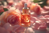 Glass dropper bottle with rose essential oil surrounded by fresh pink rose petals and blooms in soft natural light for skincare product photography.