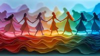 Rainbow colored paper art showing women holding hands in unity and sisterhood dancing on colorful wavy layers. Creative layered design for female empowerment concept.