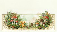 Vintage botanical illustration featuring colorful mushrooms and ferns in ornate decorative frame for nature-themed designs and educational materials.