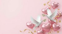 White doves carrying olive branches fly among pink heart balloons and golden stars on soft pink background for romantic celebrations and peace themes.