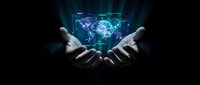 Cupped hands presenting glowing digital world map with network connections and data streams on dark background for technology presentations.