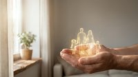Hands holding glowing family silhouette symbol representing protection, care and insurance coverage in warm home interior with natural light.