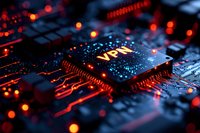 Glowing VPN processor on circuit board with red and blue lights creating futuristic cybersecurity atmosphere. Modern technology concept for digital privacy protection.