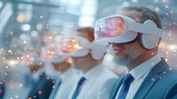 Mature Caucasian businessman wearing VR headset in corporate environment with glowing digital effects and colleagues in background exploring virtual reality.