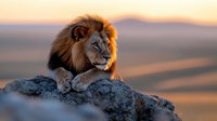 Majestic male lion resting on rocky outcrop during golden hour sunset with warm lighting and blurred landscape background for wildlife photography.