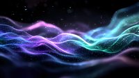 Glowing abstract waves in purple, blue and turquoise colors flow through dark space with sparkling particles creating magical atmospheric effect.
