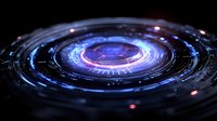 Futuristic circular technology interface with glowing blue and purple lights against dark background, suggesting advanced digital system.