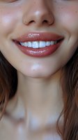 Close-up of radiant smile showing healthy white teeth and glossy pink lips against smooth skin, highlighting natural dental aesthetics and oral care.