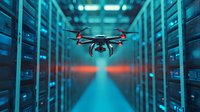 Drone flying through modern data center server room with glowing blue lights and red navigation beams, surveillance technology in network infrastructure.